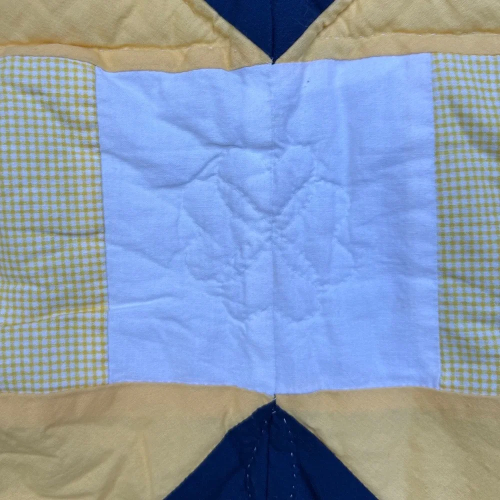 9.a.8 Vtg Handmade Hand Quilted Wall Quilt Blue Yellow Gingham Motifs 34x33.5